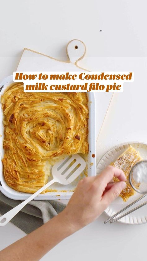 Puff Pastry Condensed Milk, Phyllo Pastry Recipes Dessert, Condensed Milk Custard, Make Condensed Milk, Filo Pastry Recipes, Filo Pie, Milk Custard, Phyllo Dough Recipes, Phyllo Recipes