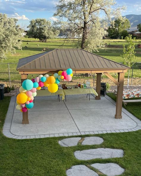 Balloons are such an easy way to add color and interest to a backyard! This customer gave us a little info and we got to choose the colors… | Instagram Balloons On Gazebo, 2022 Balloons, Pioneer Party, Helium Balloons, 8th Birthday, Gazebo, Balloons, Birthday, Color