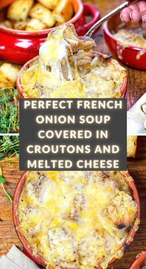 Perfect French Onion Soup Covered in Croutons and Melted Cheese - TASTYDONE How To Make Croutons, French Onion Soup Recipe, Croutons Homemade, Lasagna Soup, Best Cheese, French Onion Soup, French Onion, Onion Soup, Croutons