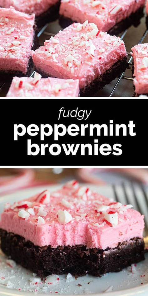 Rich and sweet and the perfect holiday treat, these Peppermint Brownies have a fudgy brownie topped with a peppermint cream cheese frosting. Top with crushed candy canes for a festive touch. Frosting For Brownies Easy, 1980s Desserts, Candy Cane Brownies, Holiday Dessert Drinks, Peppermint Brownies Recipe, Chocolate Peppermint Brownies, Yummy Bars, Top Recipes On Pinterest, Peppermint Dessert