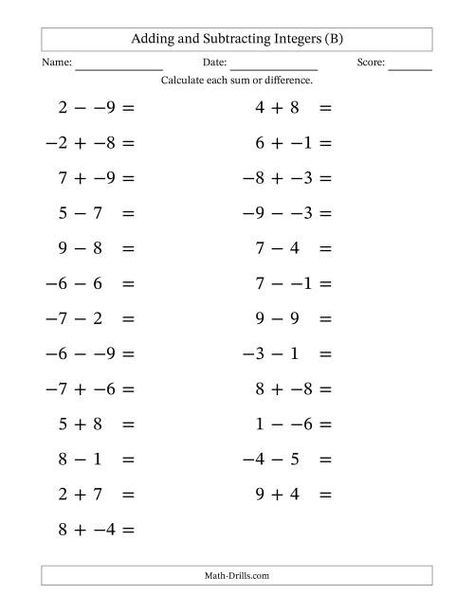 The Adding and Subtracting Mixed Integers from -9 to 9 (25 Questions; Large Print; No Parentheses) (B) Math Worksheet Addition And Subtraction Of Integers, Adding Subtracting Integers, Addition Of Integers, Adding Integers Worksheet, Subtracting Integers Worksheet, Decimal Multiplication, 7th Grade Math Worksheets, Adding Integers, Adding And Subtracting Integers