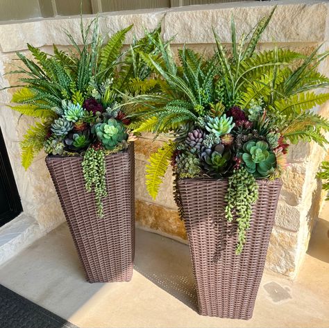 Large porch planters overflowing with colorful faux succulents and greenery. Succulents In Tall Planters, Desert Porch Decor, Front Porch Succulents Planters, Large Pot With Succulents, Succulent Front Porch, Succulent Outdoor Planters, Flower Pot Arrangements Indoor, Front Porch Planter Ideas Artificial, Front Porch Succulent Planter Ideas