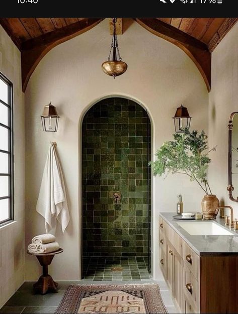 Bathroom Remodel Mediterranean, Modern Rustic Mediterranean, Spanish Style Apartment, Spanish Revival Bedroom, Mediterranean Closet, Greek Bathroom, Italian Home Aesthetic, Modern Mediterranean Bathroom, Spanish Revival Bathroom