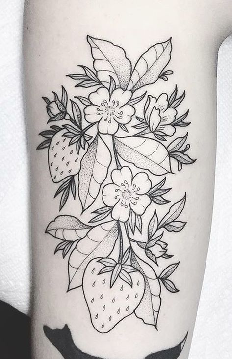 Strawberry Tattoo Sleeve, Strawberry Blossom Tattoo, Strawberry Tattoo Black And White, Strawberry Flower Tattoo, Strawberry Snake, Fruit Tattoos, Patchwork Tattoos, Left Arm Tattoos, Strawberry Tattoo