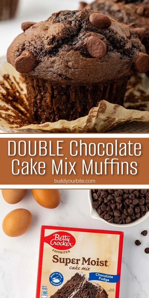 These double chocolate cake mix muffins are fudge and rich and taste like a decadent muffin that you would buy from a bakery. The best part? It only takes a few pantry ingredients and you can have these in the oven in minutes! Cake Mix Chocolate Cupcakes, Cake Mix To Muffins, Chocolate Cake Muffins, Chocolate Cake Mix Bread Recipes, Box Cake Muffins, Muffin From Cake Mix Easy Recipes, Cake Box Muffins, Cake Mix Breakfast Muffins, Brownie Mix Muffins