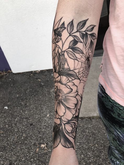 Botanical Tattoo Filler, Botanical Sleeve Tattoos For Women, Flowers And Bugs Tattoo, Botanical Tattoo Sleeve Black, Spooky Floral Tattoo, Botanical Sleeve Tattoo, Floral Half Sleeve Tattoo, Sleeve Reference, Botanical Tattoo Sleeve