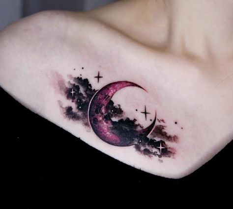 Star And Moon Tattoo, Crescent Moon Tattoos, Celestial Tattoos, Witchcraft Tattoos, Mystical Tattoos, Stars Tattoo, Moon Tattoos, Crescent Moon Tattoo, Galaxy Tattoo