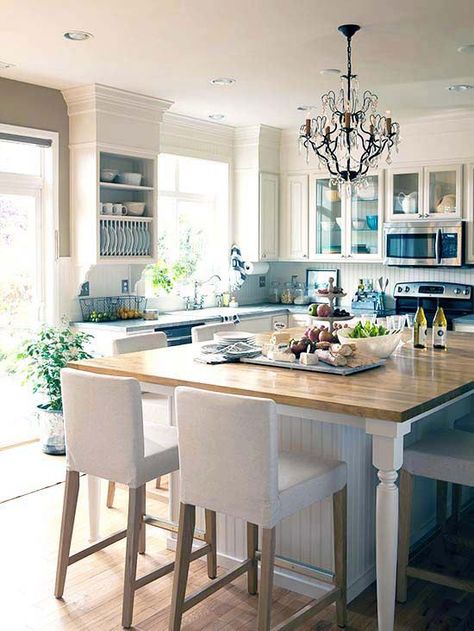 Beadboard backsplash and open cabinetry. Shape is Correct for your Kitchen Island? Kitchen Island Table, Casa Country, Kitchen Island With Seating, Gather Round, Bright Kitchens, Island With Seating, Kitchen Redo, Trendy Kitchen, Large Kitchen