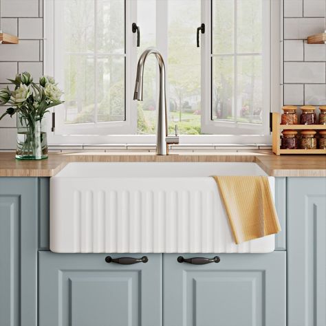 Coastal Living | Coastal Decor | Farmhouse Sink | Neutral Kitchen | Minimal Kitchen | Dream Kitchen Fluted Kitchen Sink, Fluted Farmhouse Sink, White Apron Sink, Porcelain Kitchen Sink, Villa Inspiration, White Farmhouse Sink, Fireclay Farmhouse Sink, White Kitchen Sink, Kitchen Faucets Pull Down