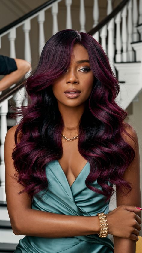 Discover Stunning Black Cherry Hair Colors with Highlights for Fall – Perfect for Morenas and All Styles Hair Colors With Highlights, Highlights For Fall, Black Hair Colors, Hair Colors For Fall, Black Cherry Hair Color, Curly Hair Highlights, Black Cherry Hair, Cherry Hair Colors, Burgundy Highlights