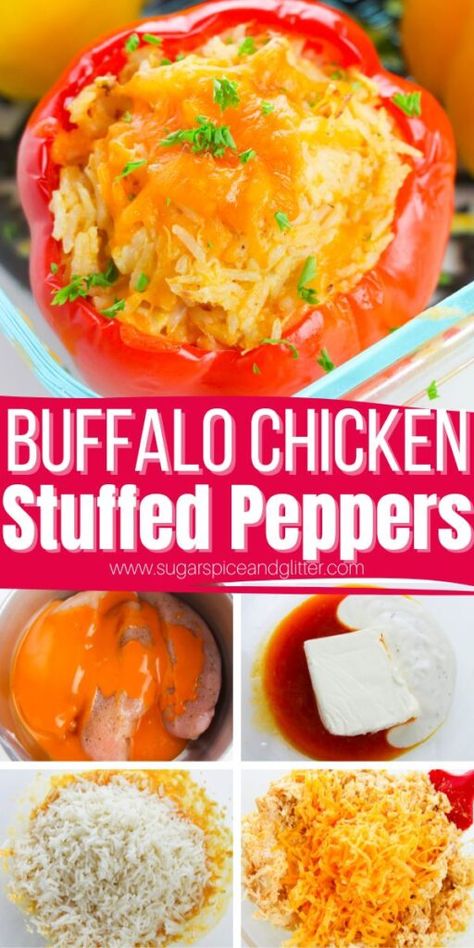 Buffalo Chicken Stuffed Peppers are cheesy with tangy heat from the buffalo sauce that is slightly tempered by the addition of zesty blue cheese dressing. The juicy bell peppers are a delightful contrast to the toothsome chicken and rice filling and the ooey gooey melted cheese throughout the filling. Buffalo Chicken Peppers Stuffed, Buffalo Chicken Bell Peppers, Buffalo Chicken Peppers, Buffalo Chicken Stuffed Peppers, Stuffed Bell Peppers Chicken, Easy Healthy Lunch, Chicken Peppers, Stuffed Peppers With Rice, Chicken Lunch Recipes