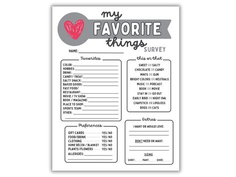 This Templates item by AndersonADesigns has 151 favorites from Etsy shoppers. Ships from United States. Listed on Sep 11, 2024 Teacher Preference Survey, Best Friend Favorite Things List, Staff Questionnaire Favorite Things, Secret Santa Gift Exchange Questionnaire, Gift Questionnaire For Friends, Favorite Things Questionnaire, Teacher Gift Questionnaire, Favorite Things List Boyfriend, My Favorites Template