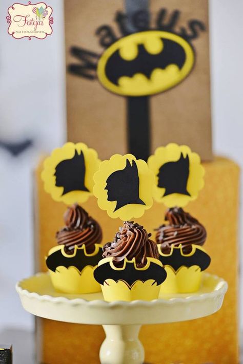 Batman Birthday Party via Kara's Party Ideas | KarasPartyIdeas.com (17) Batman Themed Birthday Party, Lego Batman Birthday, Batman Cupcakes, Batman Birthday Cakes, Batman Decor, Batman Theme, Batman Cake, Batman Birthday Party, Batman Kids