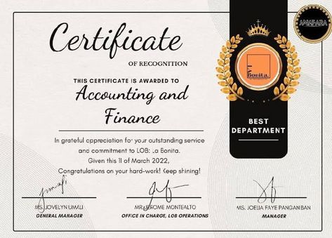 "Followers who tell the truth, and leaders who listen to it, are an unbeatable combination."-- Warren Bennis Presenting the Certification of Appreciation to the Accounting and Finance Department for earning this week’s Best Department Award.‼️ Your team just showed the true meaning of cooperation and commitment in every work. Congratulations!!🤍 Certification Of Appreciation, Work Congratulations, Accounting Certificate, Recognition Awards, Certificate Of Appreciation, Operations Management, Accounting And Finance, Work Ethic, Team Leader