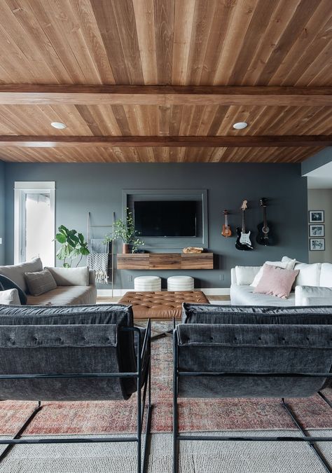 DIY Planked Wood Ceiling - The Lilypad Cottage Modern Wood Panel Walls, Plank And Beam Ceiling, Wood Plank Ceiling Living Room, Wood Ceiling Bedroom, Wood Panel Ceiling, Cottage Ceiling, Beams Ceiling, Lilypad Cottage, Wood Plank Ceiling