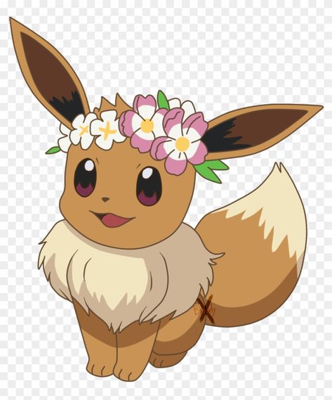 Eevee flowers Eevee Flower Crown, Evee Pokemon Drawing, Eevee Printable, Eevee Pokemon Cake, Evee Pokemon Cake, Pokemon Evee Birthday Party, Eevee Cake Ideas, Pokemon Characters Drawings, Eevee Birthday Cake