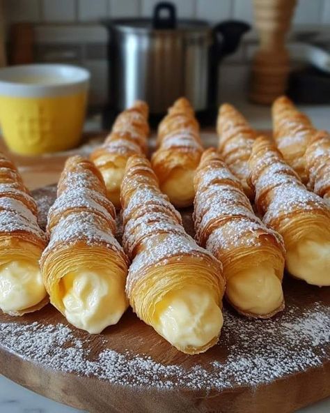 Rachael Ray 👩‍🍳 | Puff Pastry Cream Horns (Cannoncini) | Facebook Puff Pastry Cream Horns, Puff Pastry Cream, Delicious Discoveries, Puff Pastry Cream Puffs, Cream Horns, Custard Cream, Pastry Cream, Egg Yolks, Rachael Ray