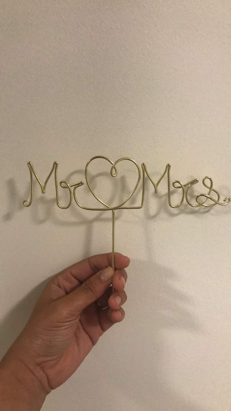 Yellow gold wire mr heart mrs cake topper Wire Words Diy, Mr Heart, Wire Heart Sculpture, Wire Words Wall Art Diy, Wire Words Wall Art Bathroom, Mr. Heart, Wire Wedding Cake Topper, Wire Cake Topper, Wire Bending