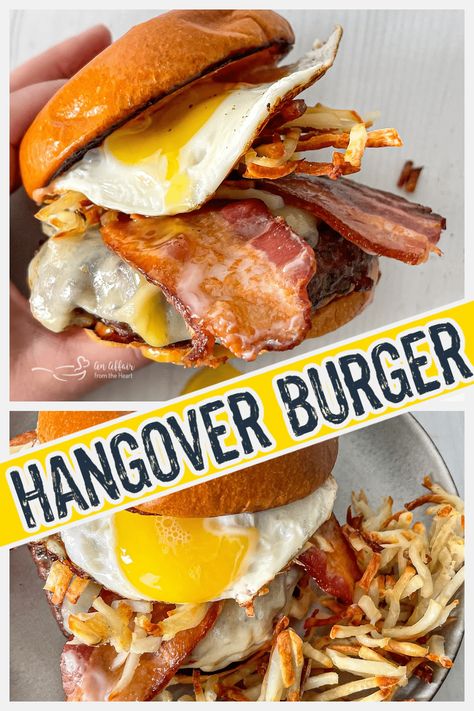 There's no need to "tie one on" just to give this EPIC Hangover Burger Recipe a try! But ... if you happen to over-indulge, it can help! It's a BIG juicy hamburger, topped with crispy shredded hashbrowns, a fried egg, smokey bacon, spicy pepper jack cheese, and hangover burger sauce. Hangover Burger Recipe, Hamburger With Fried Egg, Egg Burger Recipe, Crazy Burger Ideas, Breakfast Burger Ideas, Smash Burger Ideas, Hashbrown Burger, Gouda Burger, Pub Burger Recipe