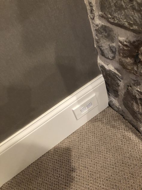 Electrical Outlets In Baseboards, Outlets In Baseboards, Baseboard Outlets, Electrical Outlets Ideas, Outlet Placement, Cord Concealer, Fairy Tale Home, Electric Outlets, Wood Baseboard