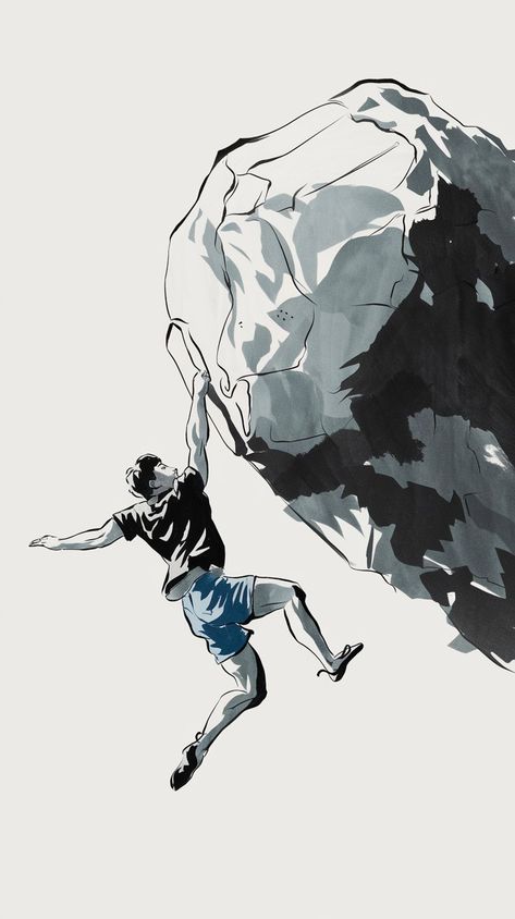 A minimalist Korean-style ink drawing of a climber scaling a large boulder, showcasing the human spirit of determination. The monochromatic tones emphasize the climber’s form and the rugged texture of the rock, creating a visually powerful representation of endurance and adventure Climbing Animation, Rock Climbing Tattoo, The Climber, Monochrome Style, Human Spirit, Rock Climbers, Dragon Pictures, Monochrome Fashion, Parkour