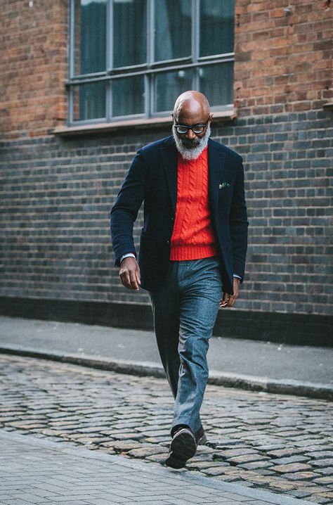 Men Red Sweater Outfits, Jason Jules, Red Outfit Men, British Elegance, Navy Blazer Men, Red Sweater Outfit, Older Mens Fashion, Mens Fashion Edgy, Stylish Mens Fashion