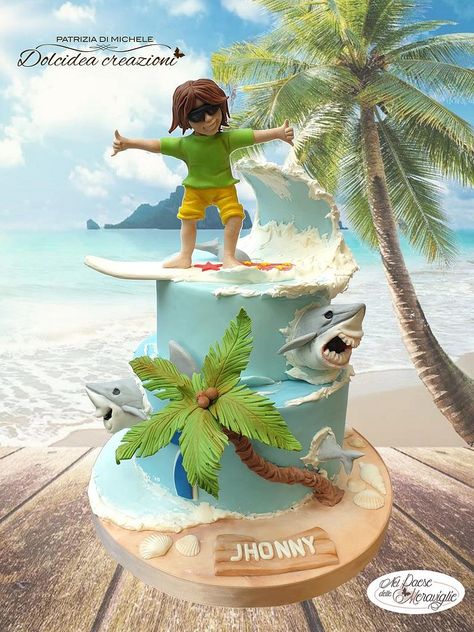 Surf Theme Birthday Cake, Surfer Birthday Cake, Surfer Cake Ideas, Fondant Surfboard, Beach Cake, Surfboard Cake, Surfer Cake, Sea Turtle Cake, Surf Cake