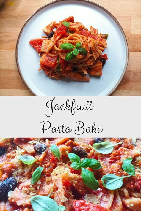 jackfruit pasta bake recipe Easy Pasta Bake, Vegan Jackfruit, Dump And Bake, Pasta Bake Easy, Basil Salt, Red Pesto, Quick Vegan Meals, Vegan Recipes Beginner, Kalamata Olives