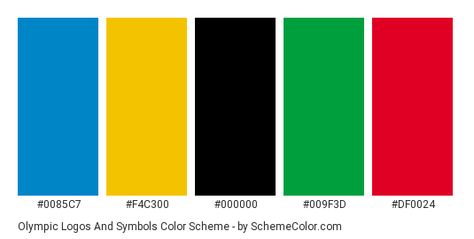 Download Olympic Logos and Symbols color scheme consisting of #0085c7, #f4c300, #000000, #009f3d and #df0024. This 5 colors palette has been categorised in Black, Blue, Brand and Logo, Bright, Gold, Green, Red and Yellow color categories. Red Yellow Green Color Palette, Red Green Yellow Color Palette, Red Blue Green Color Palette, Sport Color Palette, Fabre Castell, Color Categories, Blue Color Pallet, Bauhaus Colors, Blue Logo Design