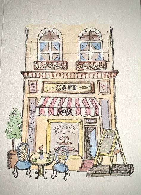 Hope this piece brings you peace like it did when I painted it! Things To Draw Buildings, Cafe Art Aesthetic, Cute Cafe Illustration, Aesthetic Cafe Drawing, Cute Buildings Drawing, Cafe Drawing Aesthetic, Cafe Paintings Art, Cafe Drawing Illustration Coffee Shop, Art Cafe Ideas