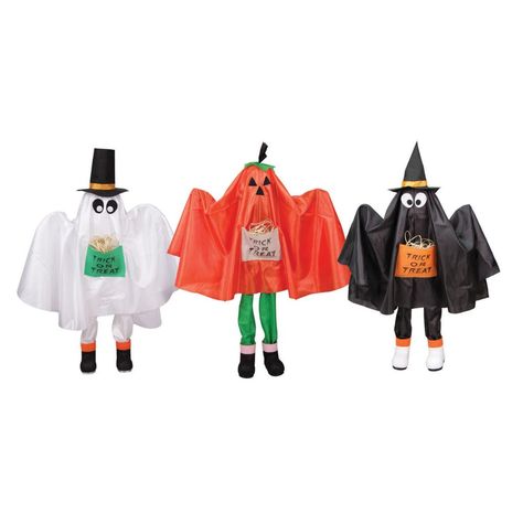 Nothing says Halloween like ghost bats and jack-o-lanterns. Each figure comes posed with hands in a scaring position and features a straw filled pocket on the front with the words "Trick or Treat". The weighted feet keep the figures standing in place. Perfect for welcoming Trick-or-Treaters to your home. Product Features: Halloween kids outdoor yard decor. Features a pumpkin ghost and bat. Each kid wears a trick or tree sign. Weighted feet. Light assembly is required. Perfect for indoor and outd Bat Standing, Kids Yard, Ghost Pumpkin, Trick Or Treater, Kids Set, Halloween Bats, Outdoor Halloween, Halloween Outdoor Decorations, Fete Halloween