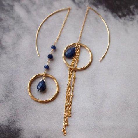 Asymmetrical earrings, lapis, gold fillrd Earrings Ideas, Asymmetrical Earrings, Jewellery Earrings, Earrings Inspiration, Handmade Wire Jewelry, Mua Sắm, Handmade Jewellery, Ear Jewelry, Bridesmaid Jewelry