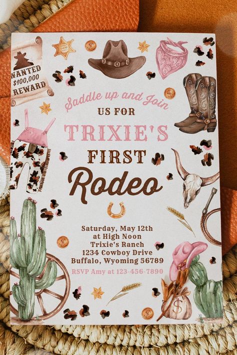 Cowgirl Wild West 1st Rodeo Ranch Birthday Party Invitation 1st Rodeo Birthday Party Girl, My First Rodeo Birthday Girl, First Rodeo Birthday Party Girl, Ranch Birthday Party, Cowgirl Birthday Invitations, First Rodeo Birthday, 1st Rodeo, Rodeo Birthday Parties, Rodeo Party