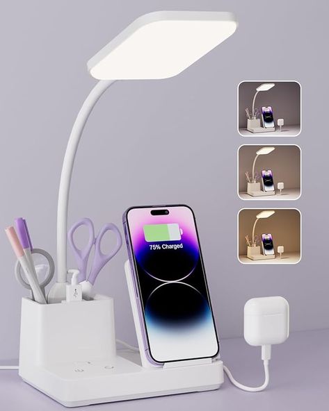 Sailstar Desk Lamp with Wireless Charger & USB Charging Port, LED Desk Lamps for Home Office, 800LM, 3 Lighting Modes, Dimmable, Pen Holder, 360°Gooseneck Desk Light for College Dorm Room - Amazon.com Bedside Reading Lamps, Small Desk Lamp, Small Lamps, Office Lamp, College Dorm Room, Led Desk, Fan Lamp, Small Desk, College Dorm Rooms