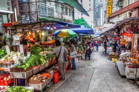 Hong Kong Historic Landmark: Graham Street Wet Market. Shoppers patronize the fr , #sponsored, #Street, #Graham, #Market, #Wet, #Kong #ad Wet Market Photography, Cyberpunk Street, Wet Market, Street Food Design, Environment References, Asian Street Food, Shop Inspiration, Hong Kong Travel, Street Market