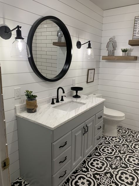 Bathroom With Painted Vanity, Dark Grey Bathroom Ideas, Ideas Under Staircase, Bathroom Mirrors Ideas, Under Staircase, Bathroom Remodel Plans, Small Half Bathroom, Guest Bathroom Renovation, Corner Bathroom