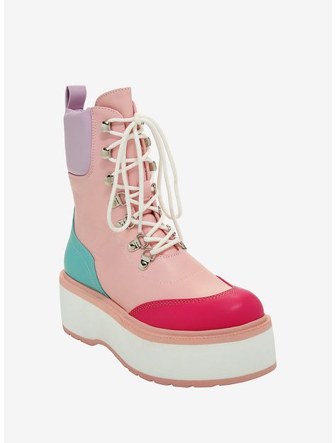 Pastel Color-Block Platform Combat Boots Plum Outfit, Platform Combat Boots, Turquoise And Pink, Shoes World, Fashion Aesthetics, Purple Light, Cute Boots, Stylish Boots, Pastel Purple