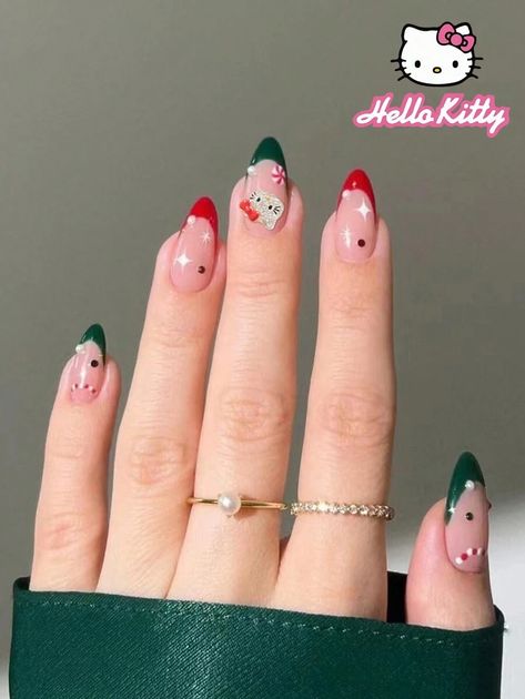 Sanrio 24pcs Almond French Tip Press On Nails Cute 3d Decoration Bow With Rhinestones Perfect Fit Acrylic False Nails Set, Including 1 Jelly Gel And 1 Nail File, Nails For Women And Girls Daily Life And Party Use | SHEIN USA Nail Ideas Sanrio, Almond Hello Kitty Nails, Hello Kitty Manicure, Sanrio Nail Designs, Sanrio Acrylic Nails, Hello Kitty Inspired Nails, Hello Kitty Nails Short, Hello Kitty Nails Acrylic, Almond French Tip