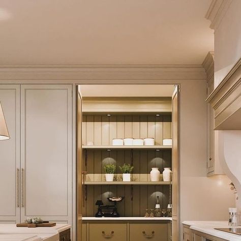 Kathy Kuo Home on Instagram: "I adore the addition of a concealed pantry, styled in coordinating yet not identical colors. It injects a delightful burst of freshness into a creamy neutral kitchen like this. Who else dreams of having a kitchen as charming as this one?   Design @holly_oak_house with input from @islajamesinteriors  #kitchendreams #kitcheninspo #hometohave" Concealed Pantry, Oak House, Pantry Remodel, Neutral Kitchen, Kathy Kuo Home, A Kitchen, One Design, Pantry, Instagram