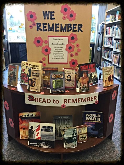 Read to Remember | The Beaklet Remembrance Day Library Display Veterans Day Library Displays, Remembrance Display School, Remembrance Day Library Displays, Rememberance Day Bulletin Board Ideas, November Book Displays Library, Remembrance Day Display, Christmas Library Decorations, Remembrance Day Bulletin Board Ideas, Library Displays School