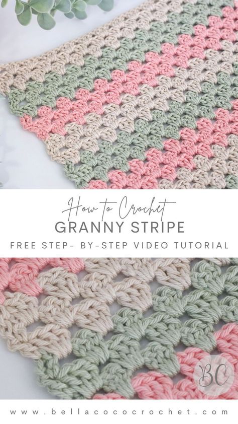 Learn how to crochet the granny stripe Granny Stripe Crochet, Granny Stripe Blanket, Crochet Granny Stitch, Knitting Quilt, Crochet Blanket Stitch Pattern, Bernat Baby Blanket Yarn, Bella Coco, Granny Stripe, Stripe Blanket