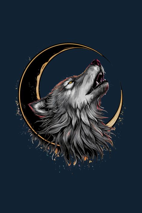 Wolf: Howling At The Crescent Moon Classic T-Shirt Wolves Howling At The Moon, Aesthetic Wolf, Wolf Man, Wolf Howling At The Moon, Wolf Vector, Cool Colorful Backgrounds, Odst Halo, Wolf Life, Geometric Wolf