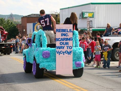 Monsters, Inc. themed homecoming car. Proposal Ideas Disney, Disney Homecoming, Homecoming Poster Ideas, Pep Rally Games, Cars Decorations, Homecoming Floats, Homecoming Themes, School Spirit Days, Homecoming Posters