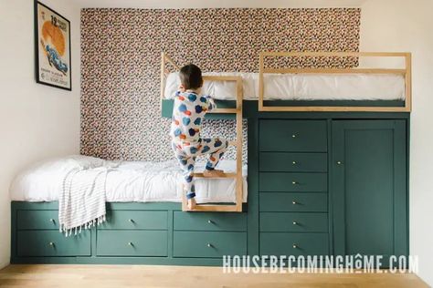 How to Make Offset Built in Bunk Beds with Ladder and Guard Rails Convert Top Bunk To Storage, Bespoke Bunk Beds, Custom Bunk Beds Built Ins, Offset Bunk Beds, Shed Renovation, Built In Bunk Beds, Kids Bunk Bed, Custom Bunk Beds, Building A Door