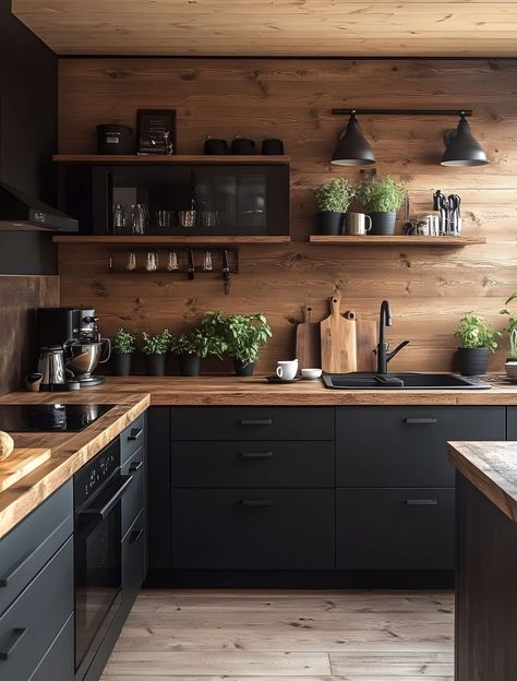 Butcher Block Countertop Black Cabinets, Kitchen Black Cabinets Wood Counter, Male Kitchen Ideas, Dark Stained Wood Kitchen Cabinets, Dark Wood And Black Kitchen, Black Kitchen With Butcher Block, Black Kitchen Butcher Block Counter, Handmade Kitchen Cabinets, Dark Ceiling Kitchen