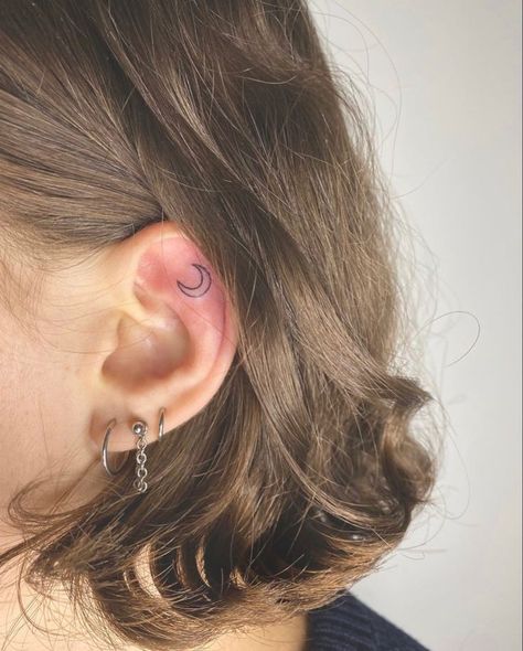 Moon Tattoo Ear, Ear Tattoo Moon, Ear Moon Tattoo, Moon Ear Tattoo, Small Ear Tattoos For Women, Inside Ear Tattoos, Inner Ear Tattoo, Inside Ear, Ear Tattoos