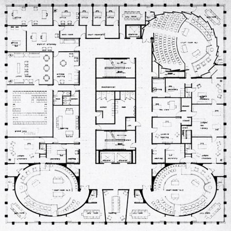 Wagner-Hartman Associates, Lycoming County Courthouse, Plan, Williamsport, Pennsylvania, 1968-1970 Courthouse Floor Plan, Courtroom Layout, Municipal Hall Floor Plan, Auditorium Plan, 1910 Harris County Courthouse, Architectural Floor Plans, Architecture Drawing, Floor Plans, Flooring