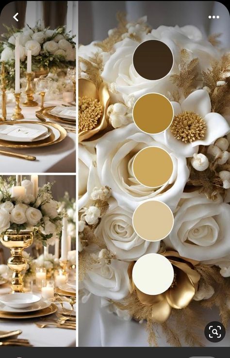 Colour Gold Palette, White And Gold Color Palette Wedding, Colour Theme Wedding Ideas, Royal Colors Wedding, Color Ideas For Weddings Colour Palettes, All White Wedding Theme Color Palettes, Color Palette Gold White, Wedding Venue Color Scheme, Wedding Palette Ideas Summer