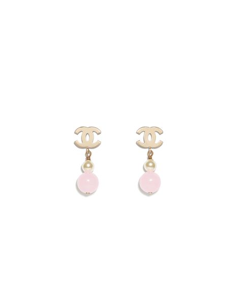 Earrings, metal, natural stones & glass pearls-gold, pearly white & pink - CHANEL Chanel Pink Earrings, Blue Chanel, Unique Dangle Earrings, Designers Jewelry Collection, Latest Handbags, Chanel Official, Chanel Official Website, Pink Chanel, Chanel Earrings