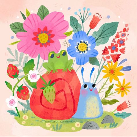 Snails & Snapdragons Spring Garden Illustration, Cute Garden Drawing, Spring Animal Illustration, Spring Illustration Art, Kathryn Selbert, Snail Illustration, Spring Poster, Spring Tee, Garden Friends